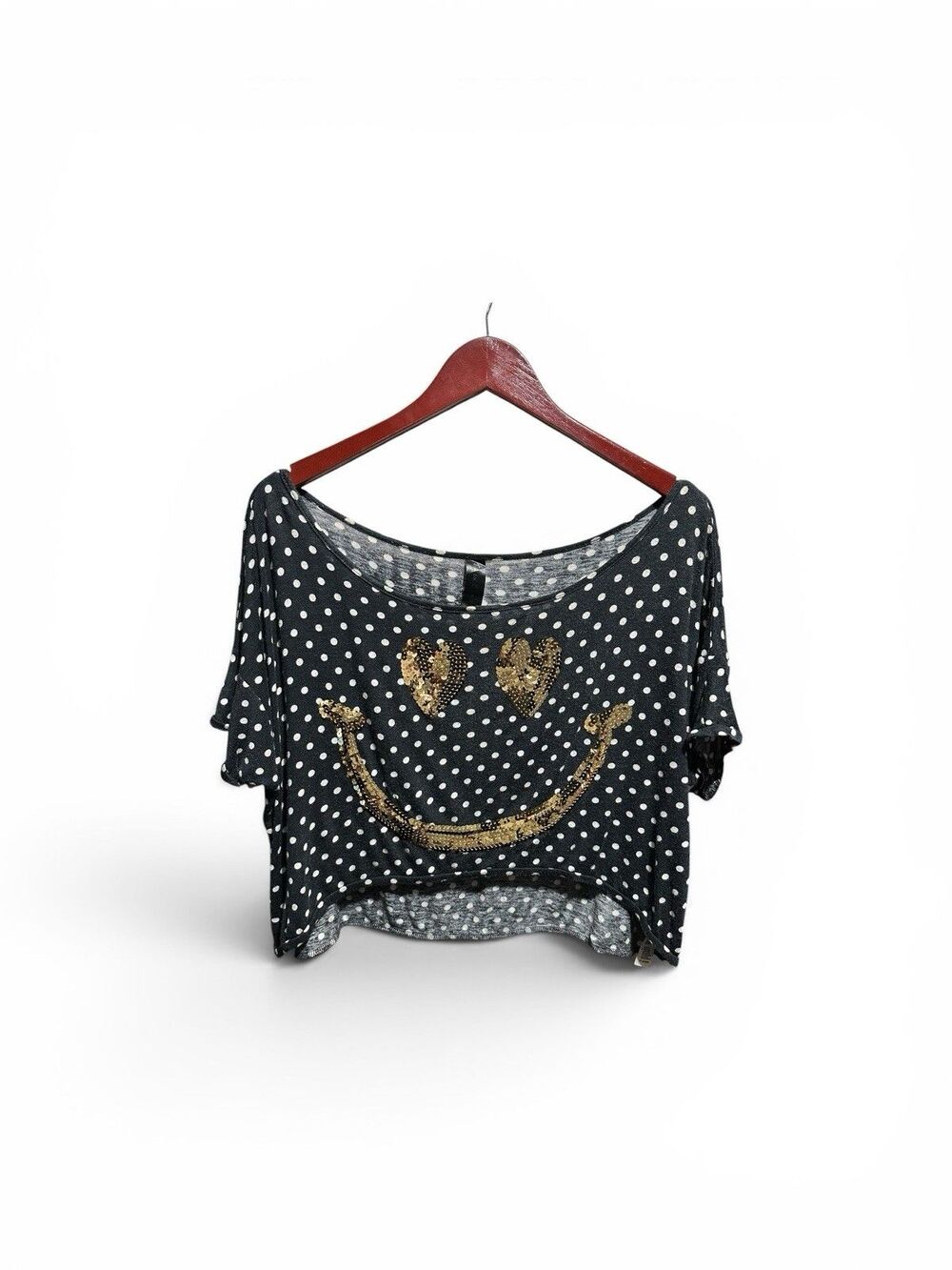 Y2K Sequin Smiley Face Crop Top Women's Small Polka Dot Graphic Tee